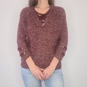 Poof! Burgundy Criss-Cross Front 3/4 Sleeve Knit Sweater Size Small